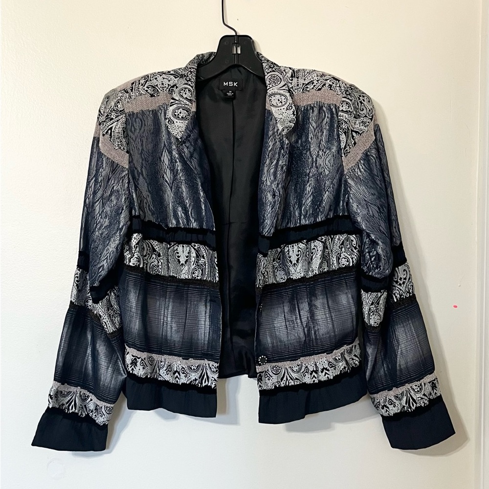Metallic Silver Paisley Patchwork Jacket Y2K Boho Chic Lightweight Statement Top